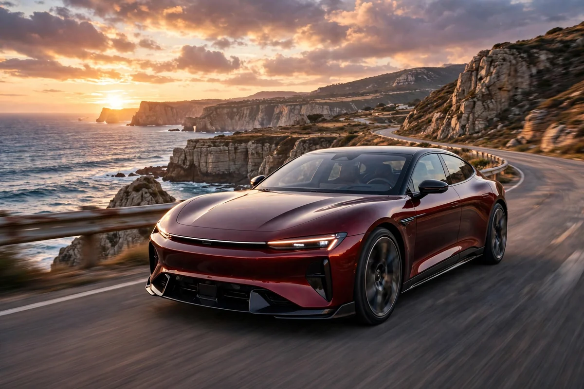 Polestar 5 Performance GT eléctrico en una carretera de costa