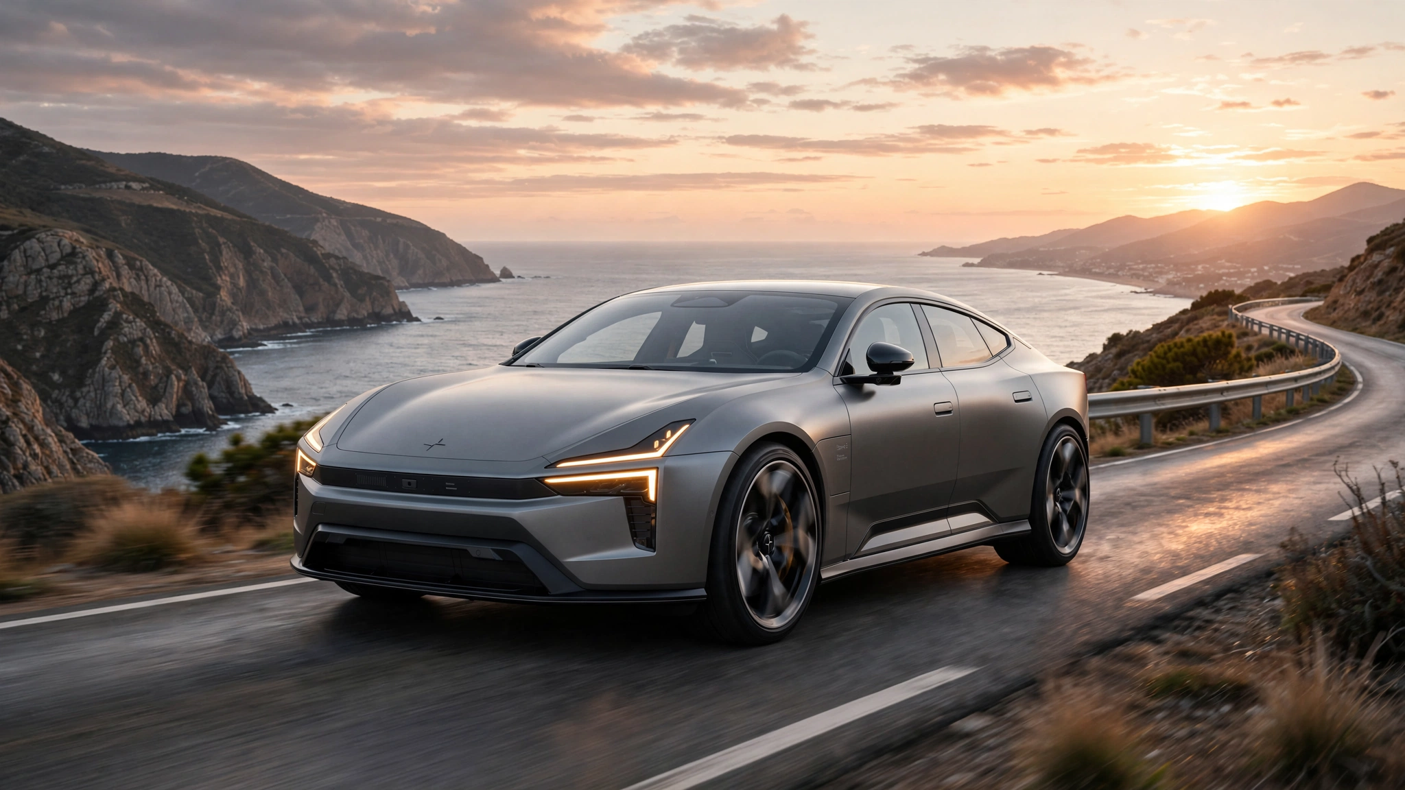 Polestar 5 GT eléctrico de 4 puertas en una carretera de costa
