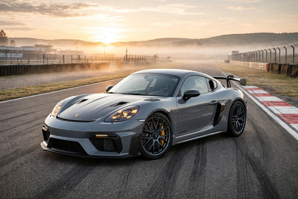 Porsche 718 Cayman GT4 RS en circuito al amanecer