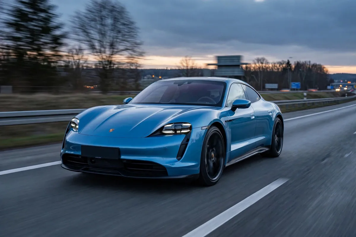 Porsche Taycan GTS 2026 en autopista al atardecer