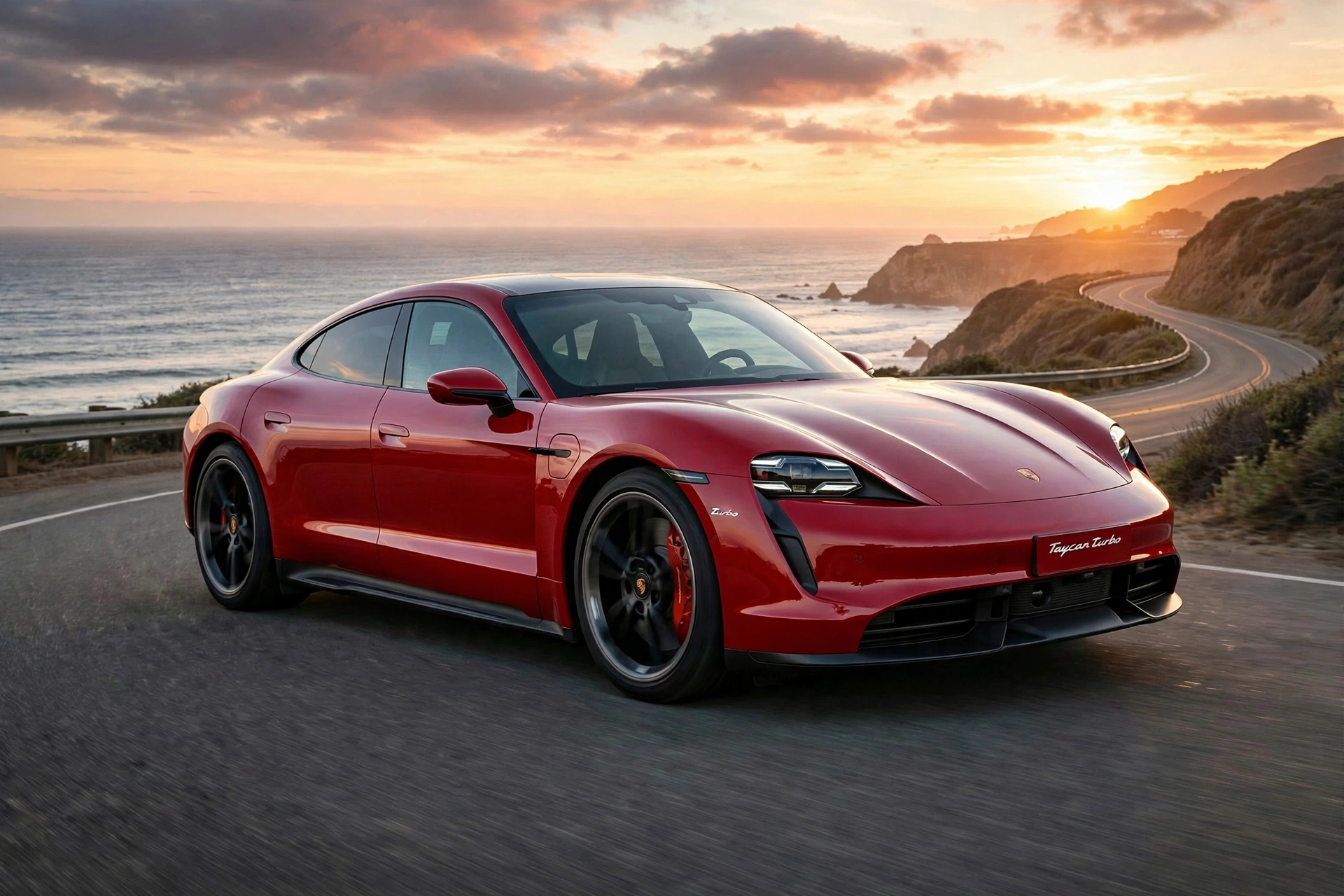 Porsche Taycan Turbo 2026 en carretera costera