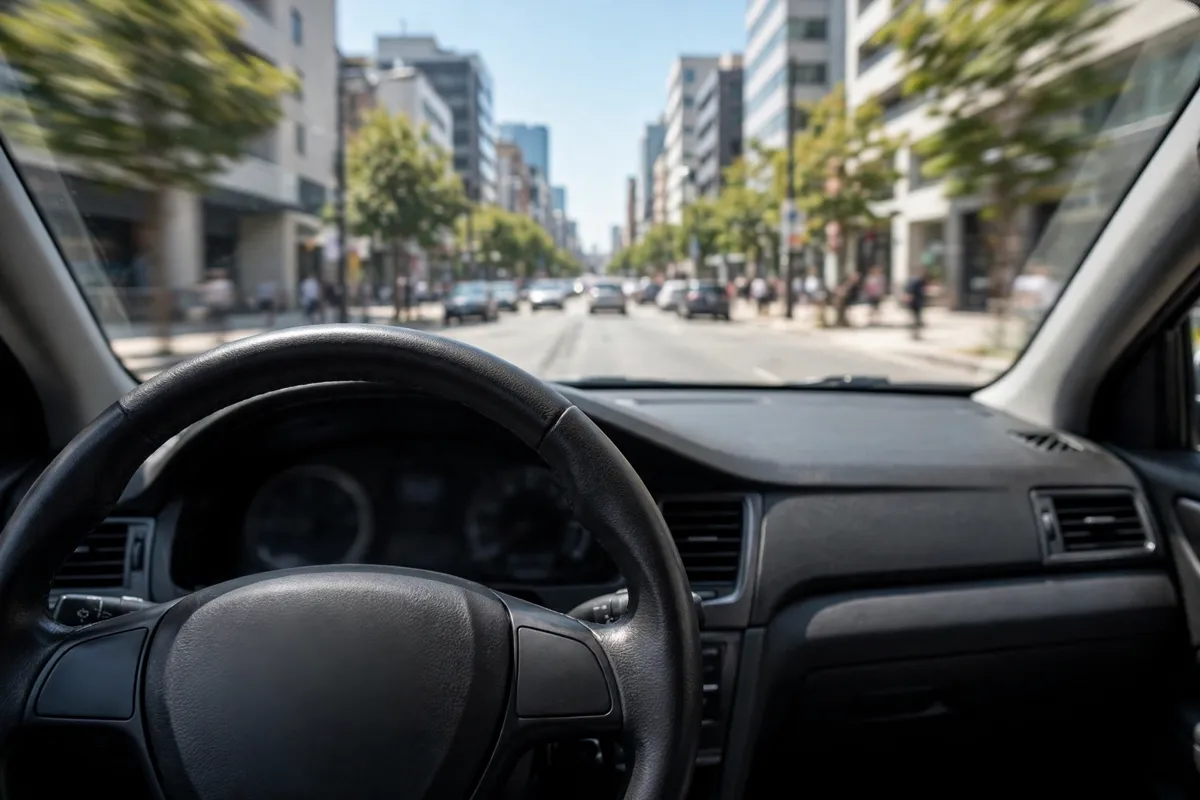 Interior de un coche desde el punto de vista del conductor, circulando por una calle de ciudad