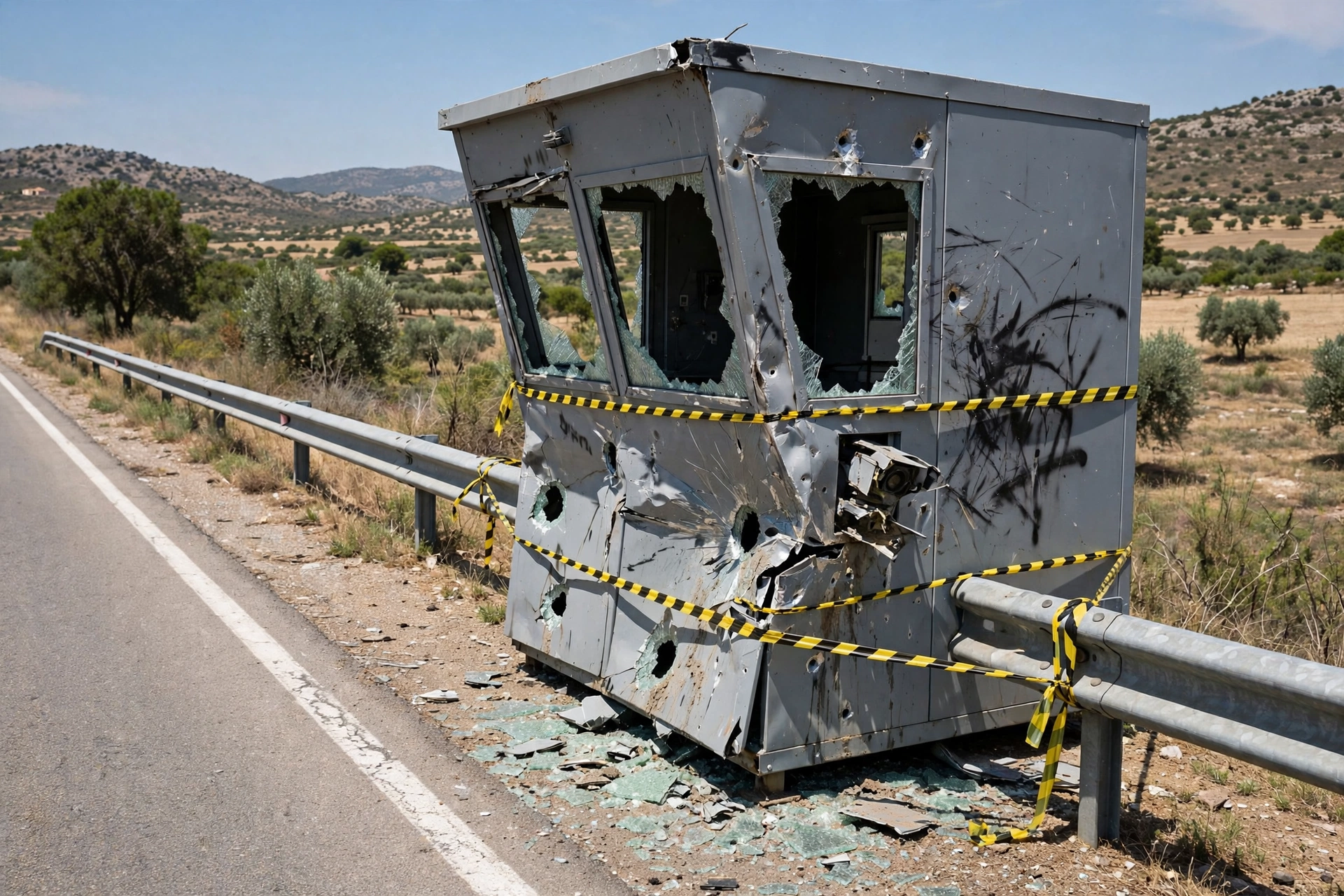 Señal de tráfico dañada e inclinada en el arcén de una carretera española