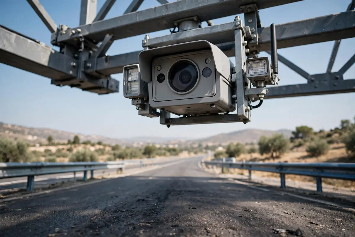Cámara de radar de tramo montada en un pórtico sobre una autopista española