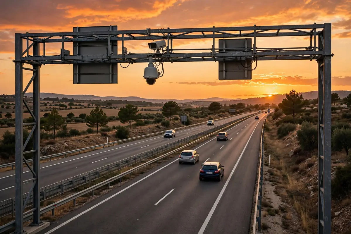 Pórtico con cámaras de radar de tramo sobre una autovía española al atardecer