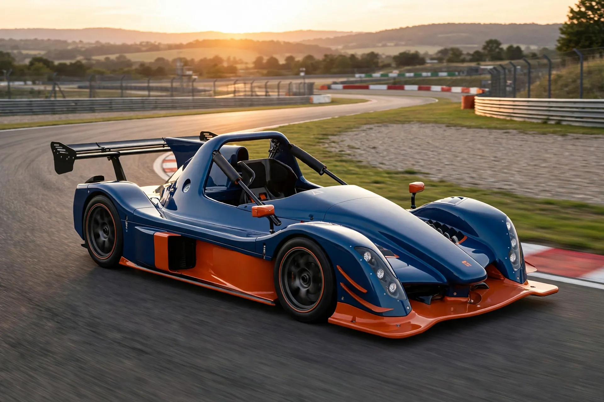 Radical SR10 XXR azul y naranja, tres cuartos delantero en circuito