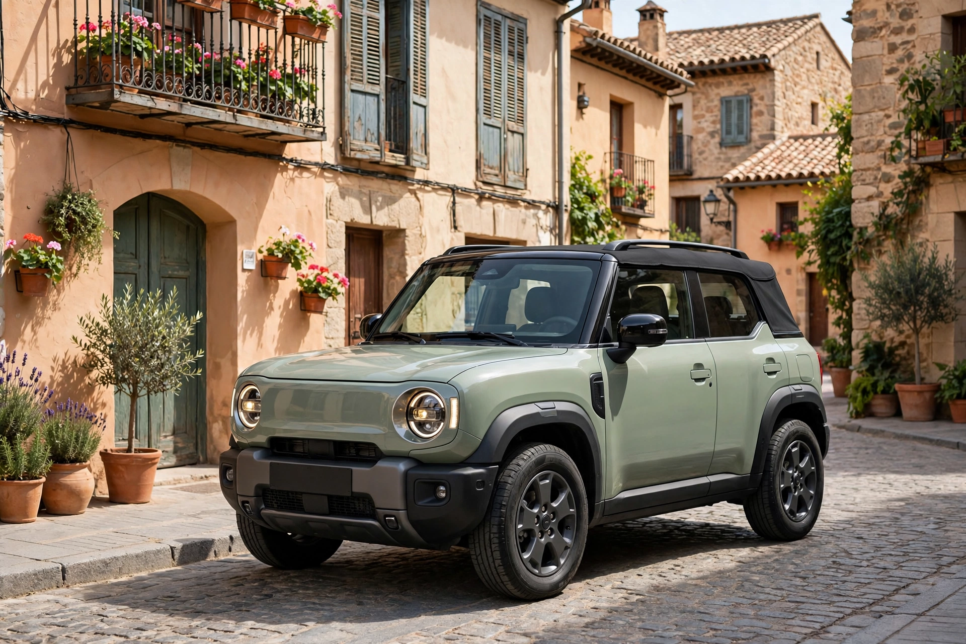 Pequeño SUV eléctrico retro de color verde aparcado en una calle empedrada de un casco antiguo español
