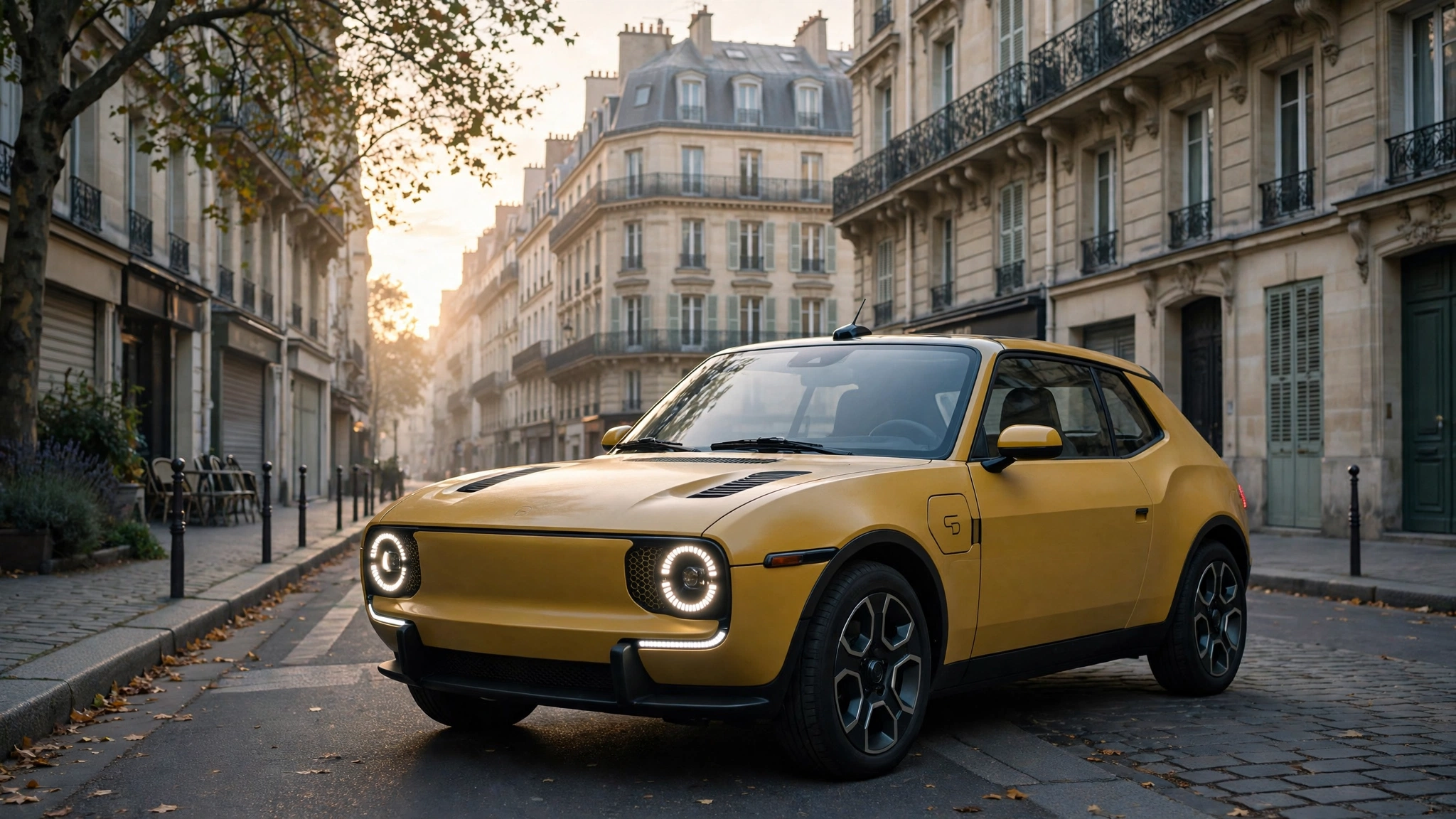 Pequeño coche eléctrico amarillo de diseño retro-futurista aparcado en una calle parisina al amanecer