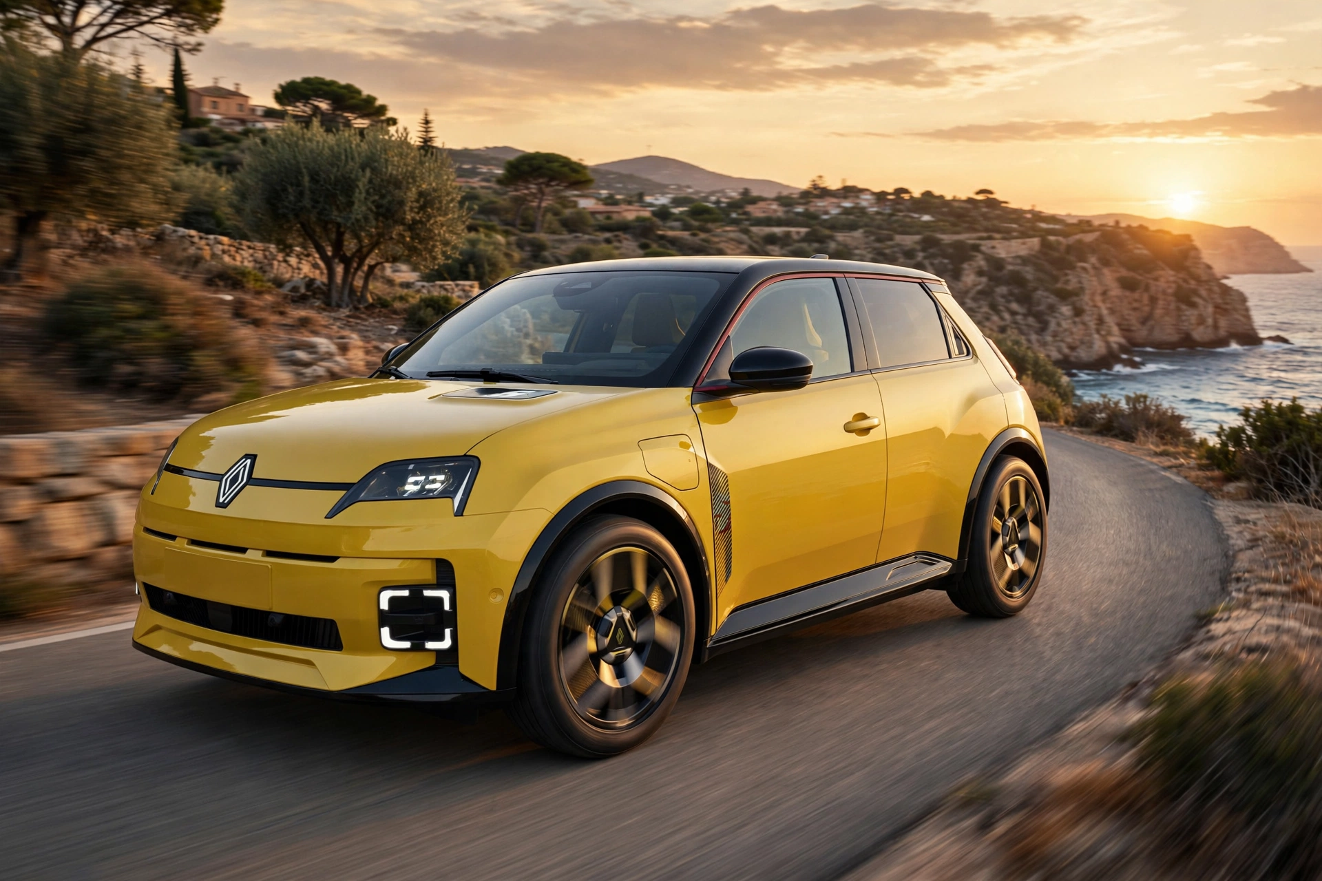 Renault 5 E-Tech 52 kWh amarillo en carretera de costa al atardecer