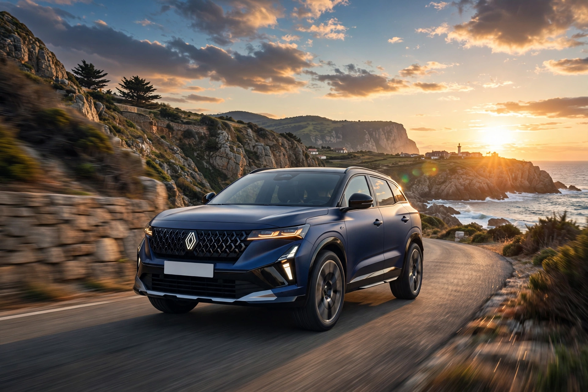 Renault Austral mild hybrid 150 en carretera de costa al atardecer