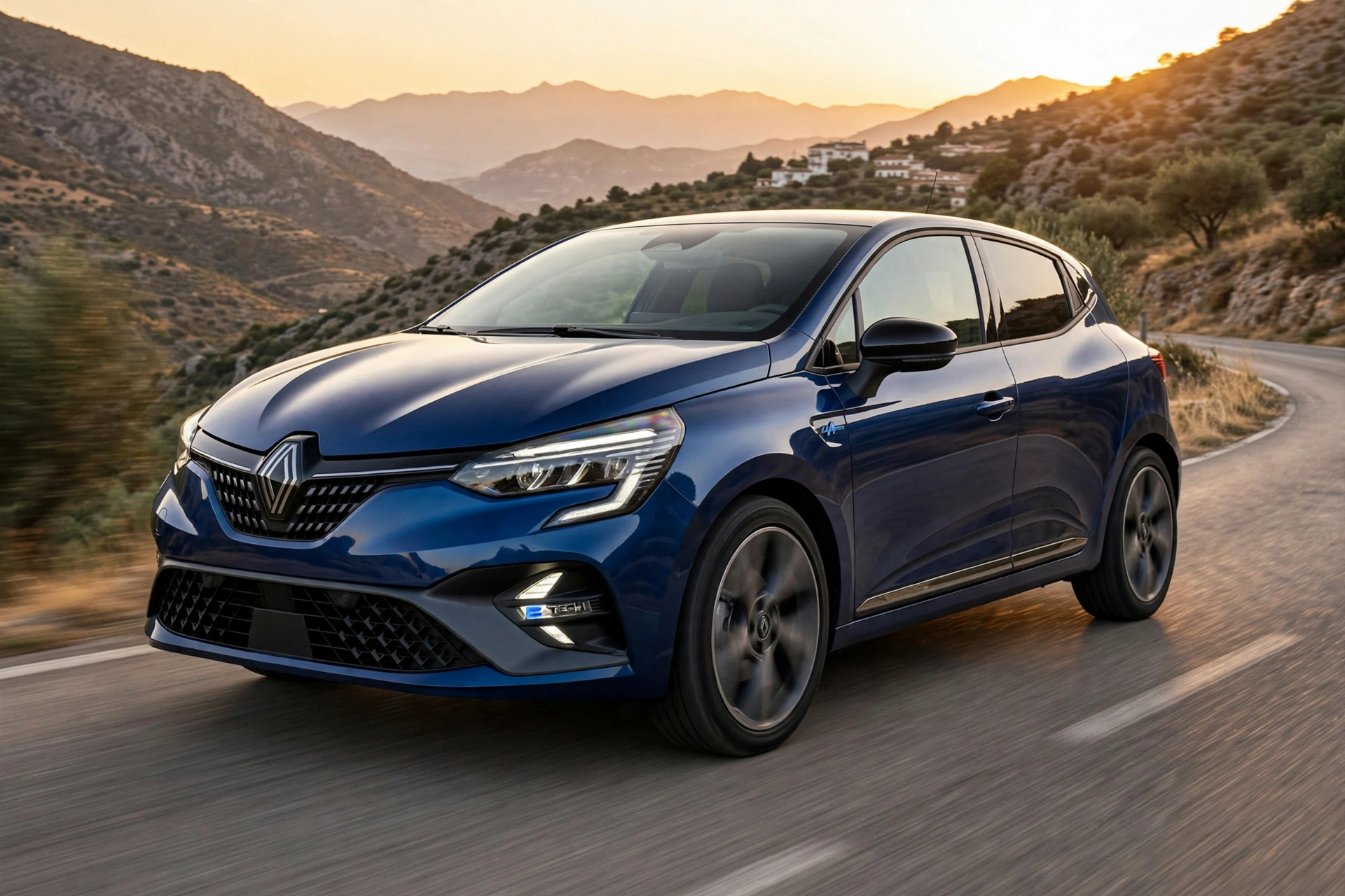Renault Clio VI E-Tech 160 circulando por una carretera de montaña al atardecer