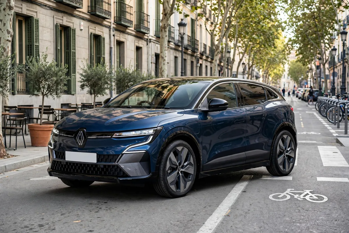 Renault Megane E-Tech 2024 en gris, tres cuartos delantero en carretera