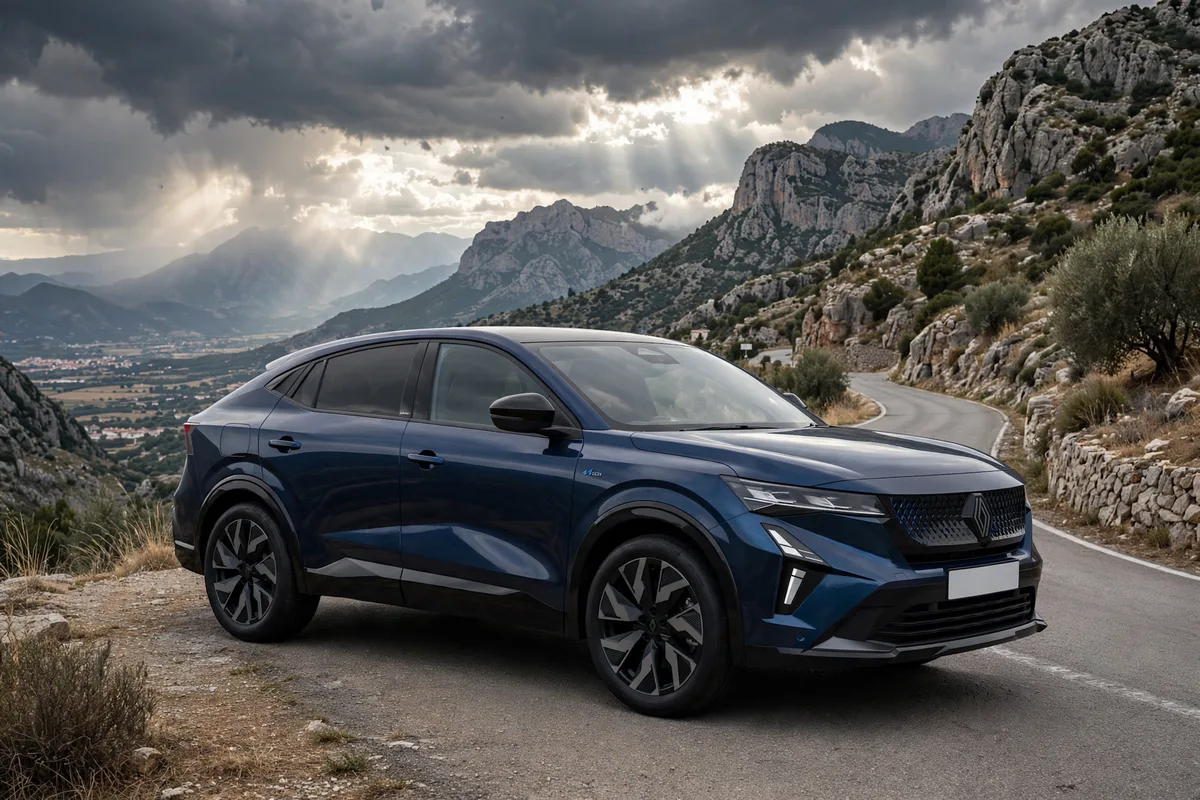 Renault Rafale E-Tech 2025 en azul, tres cuartos delantero en carretera