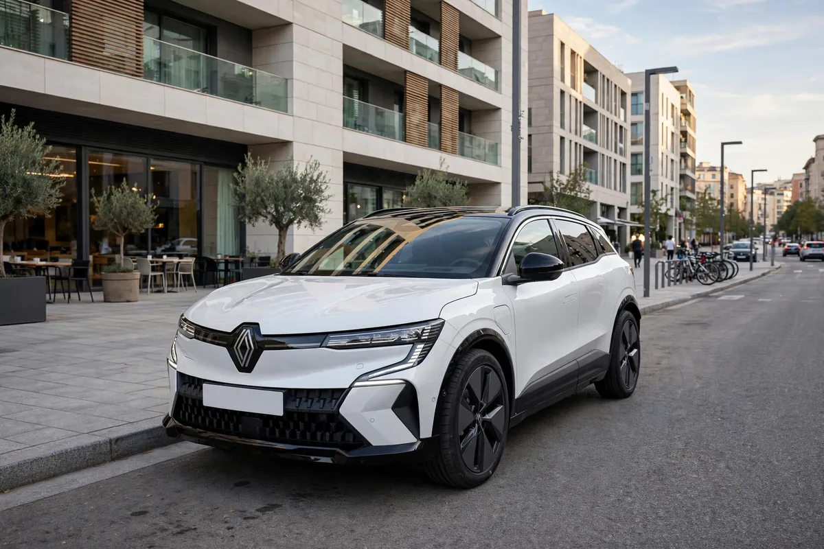 Renault Scenic E-Tech 2025 en gris, tres cuartos delantero en carretera