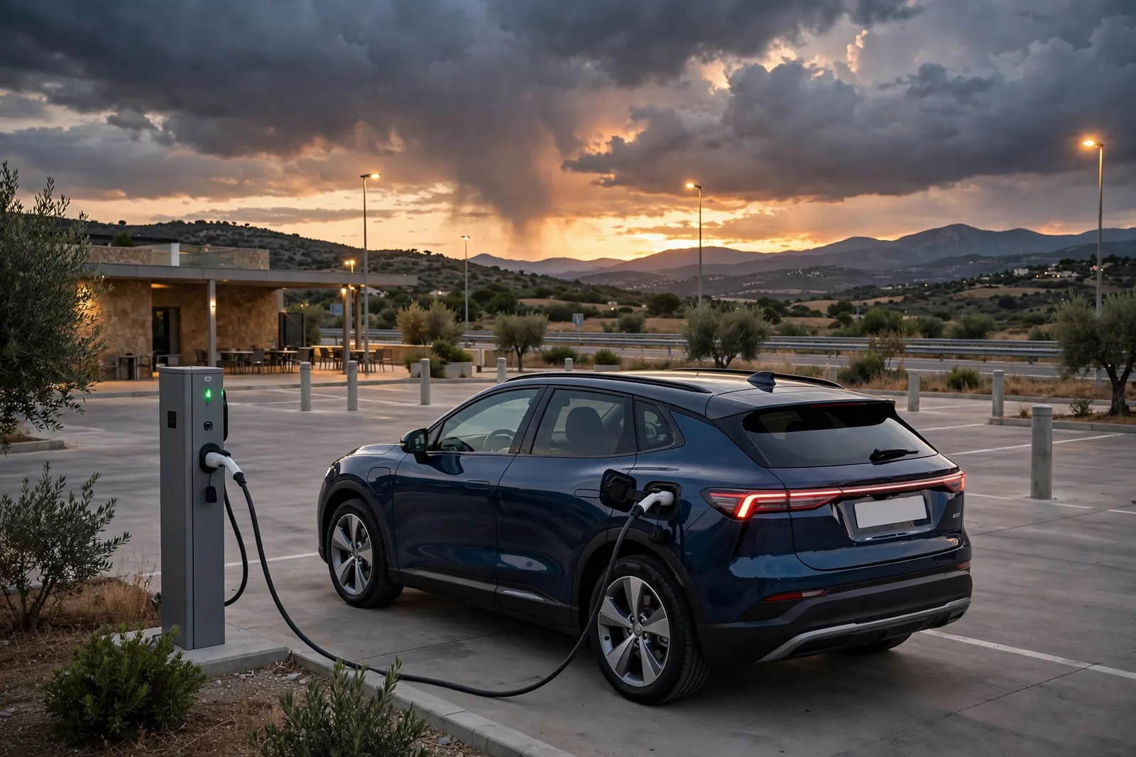 Renault Scenic E-Tech cargando en un cargador rápido al atardecer