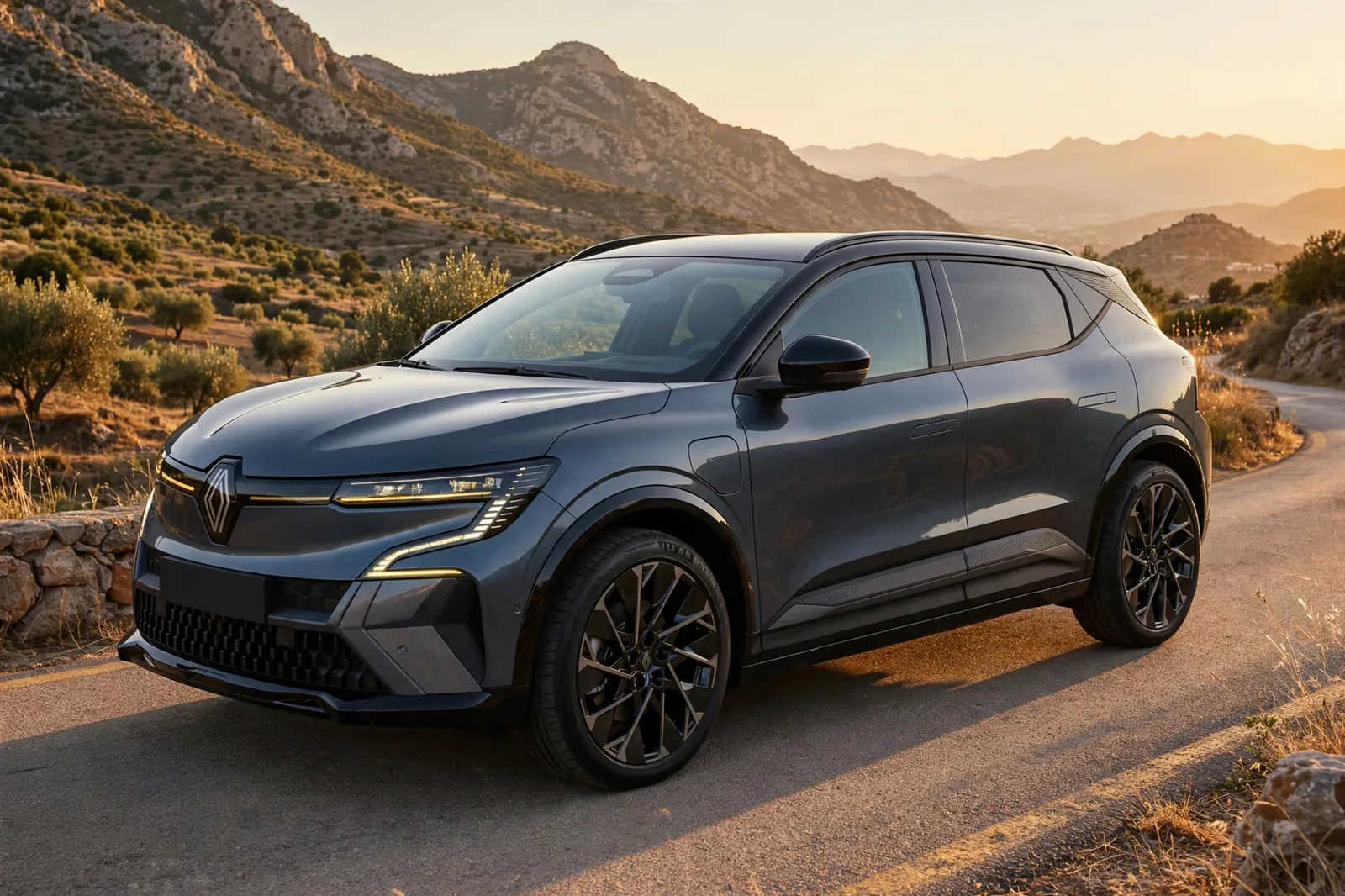 Renault Scenic E-Tech 2026 en azul antracita satinado en una carretera de montaña española