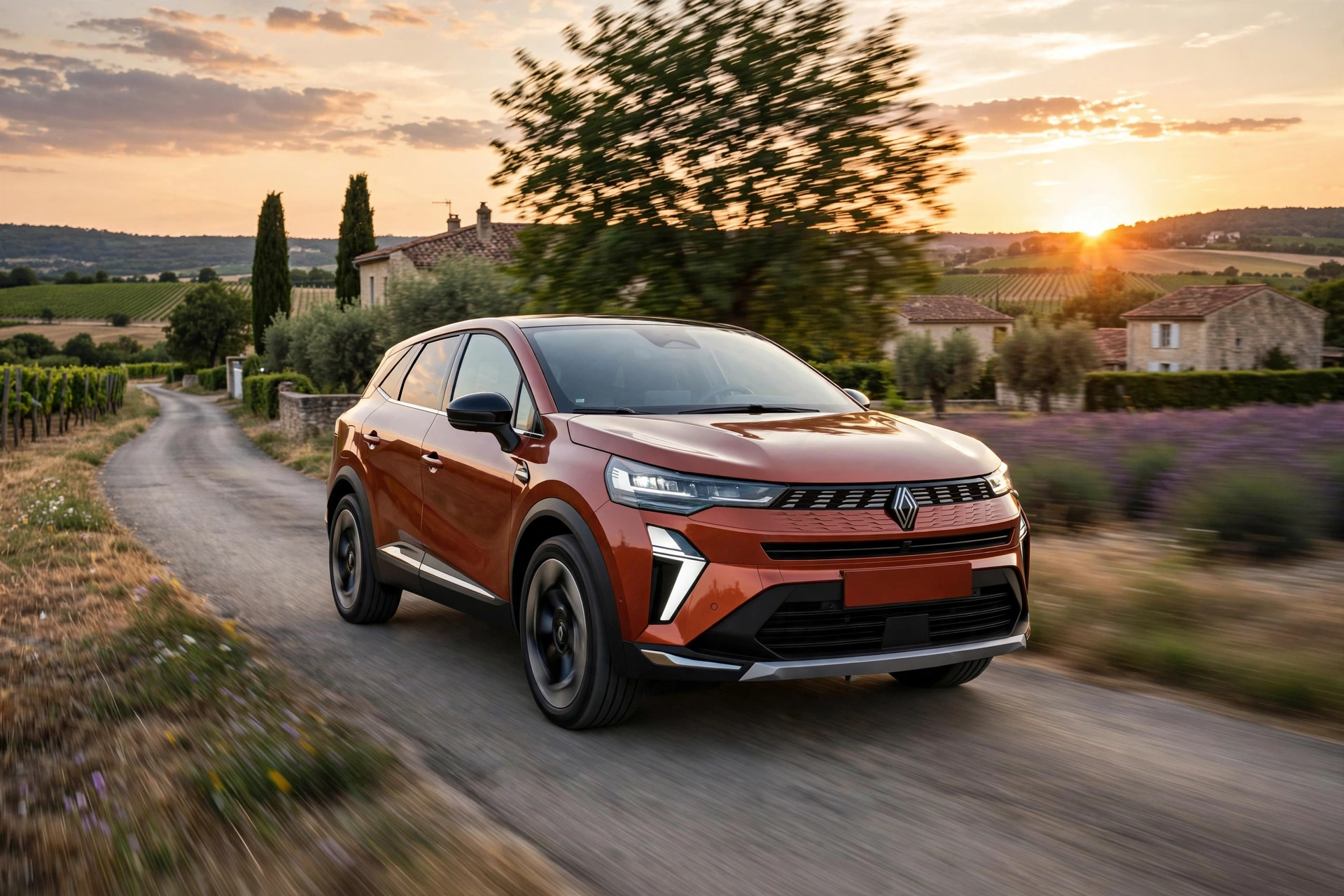 Renault Symbioz E-Tech circulando por una carretera rural al atardecer