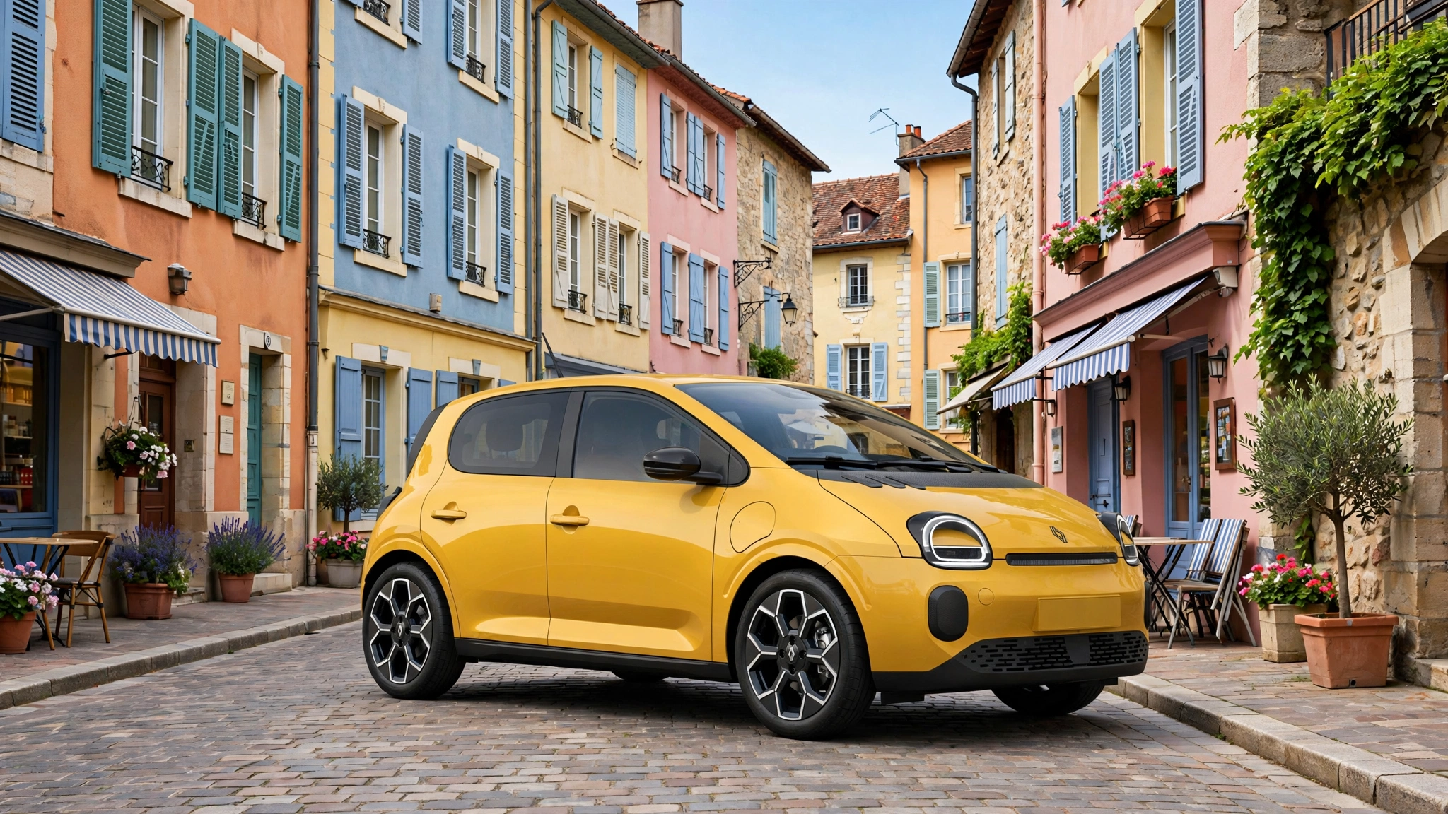Renault Twingo E-Tech eléctrico de color amarillo aparcado en una calle de un casco antiguo europeo