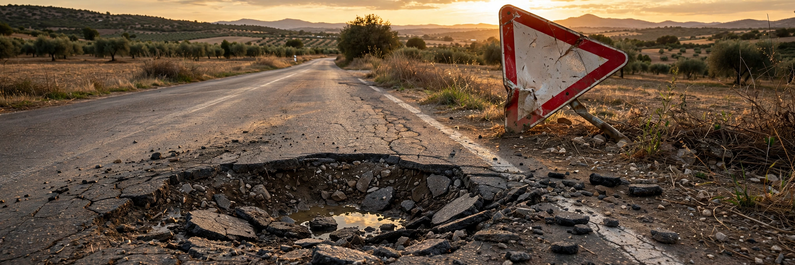 Bache grande en una carretera española con una señal de tráfico dañada e inclinada al borde de la calzada