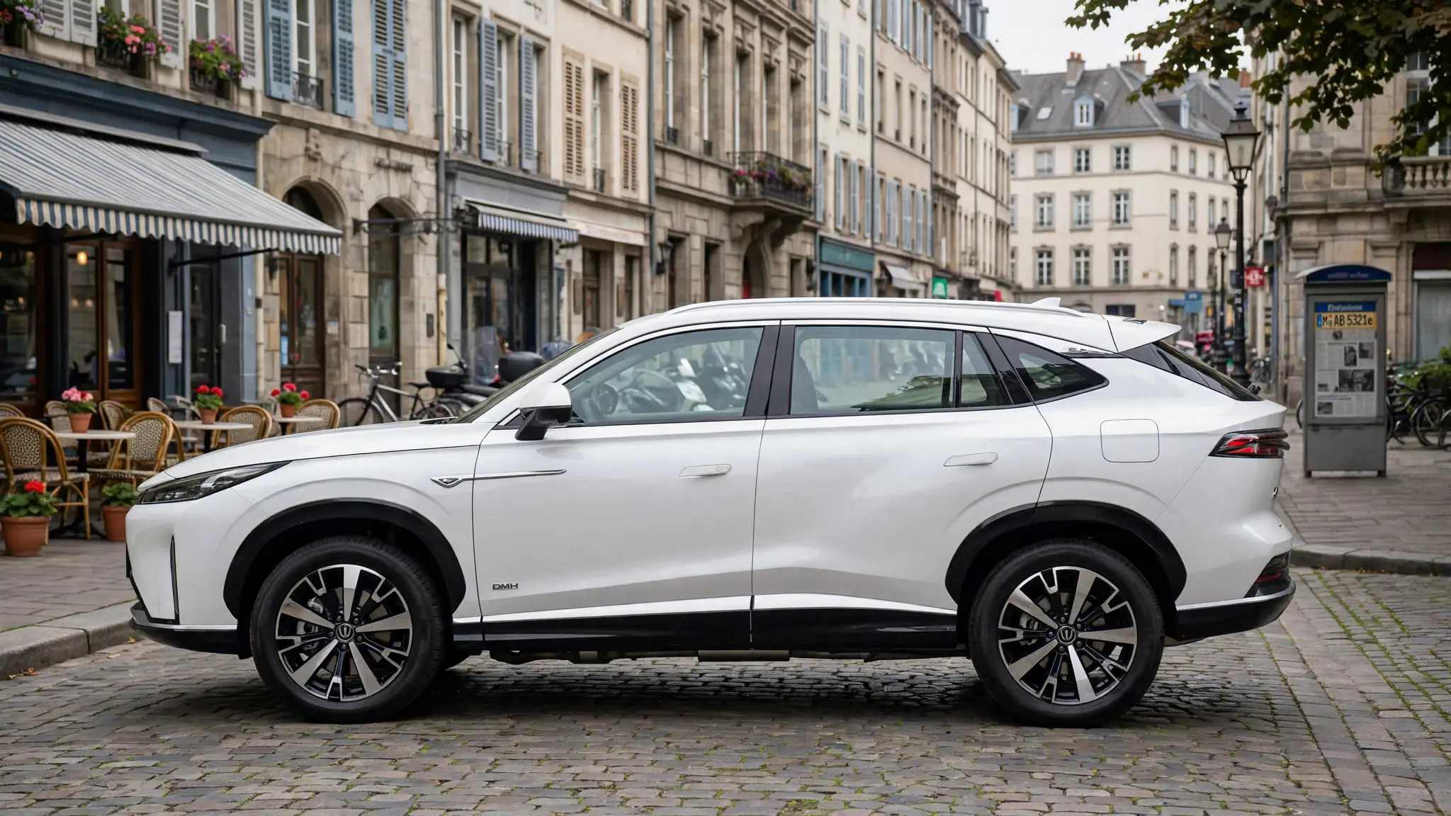 Roewe D5X DMH, vista lateral en calle urbana