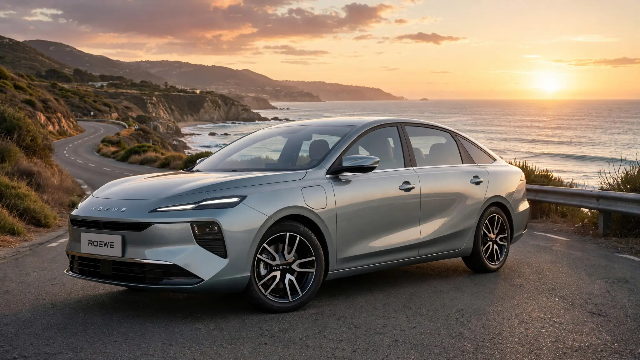 Roewe D6 eléctrico en carretera costera