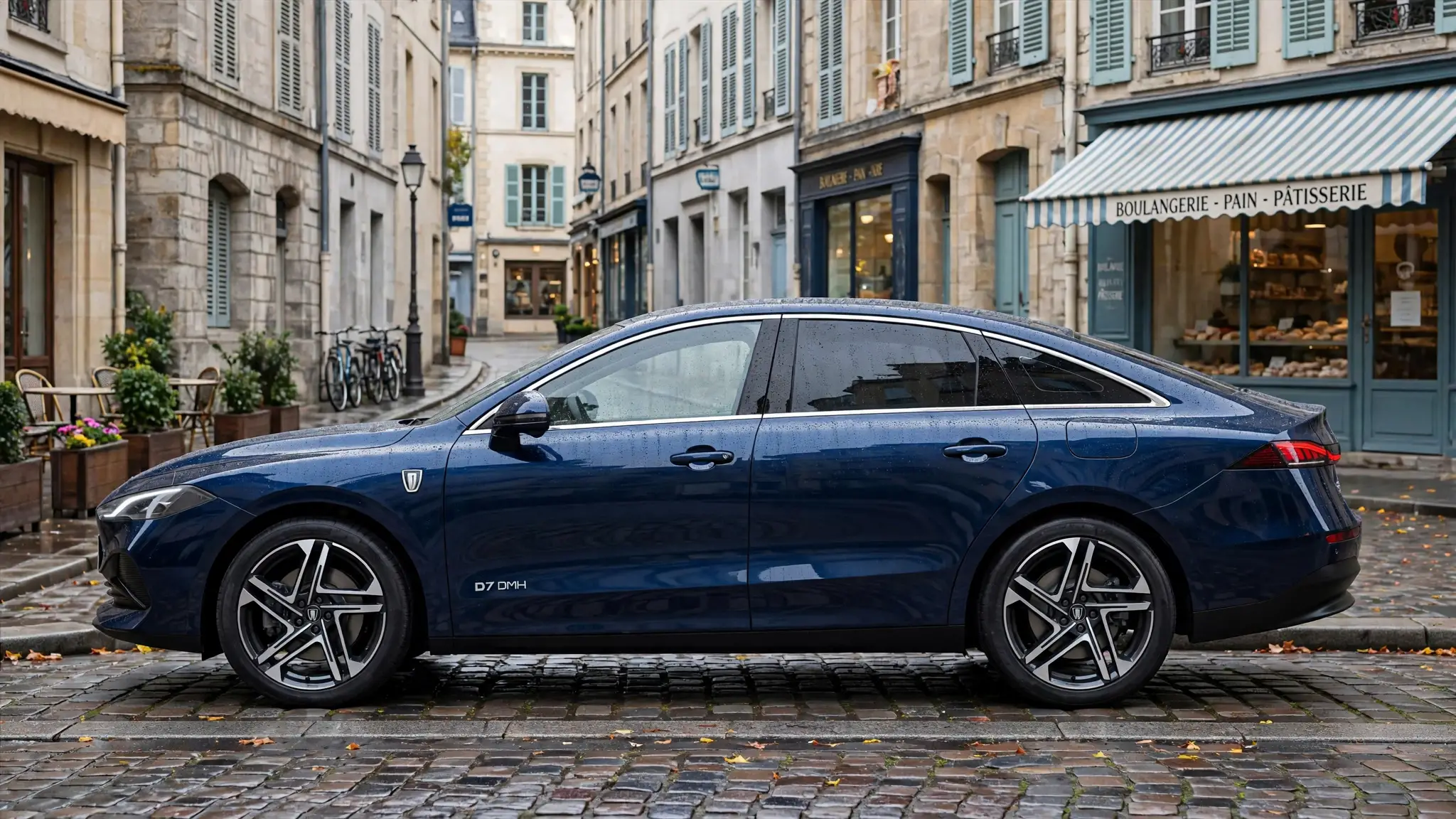 Roewe D7 DMH, vista lateral en ciudad europea