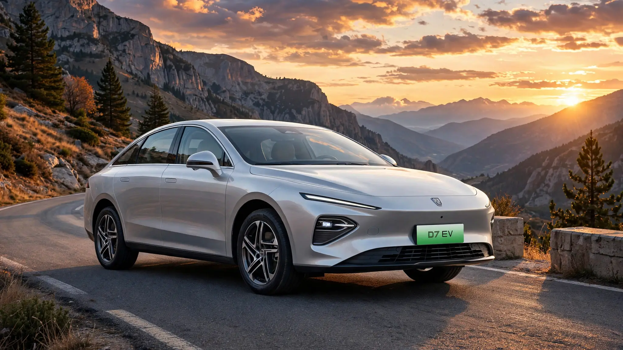 Roewe D7 EV eléctrico en carretera de montaña