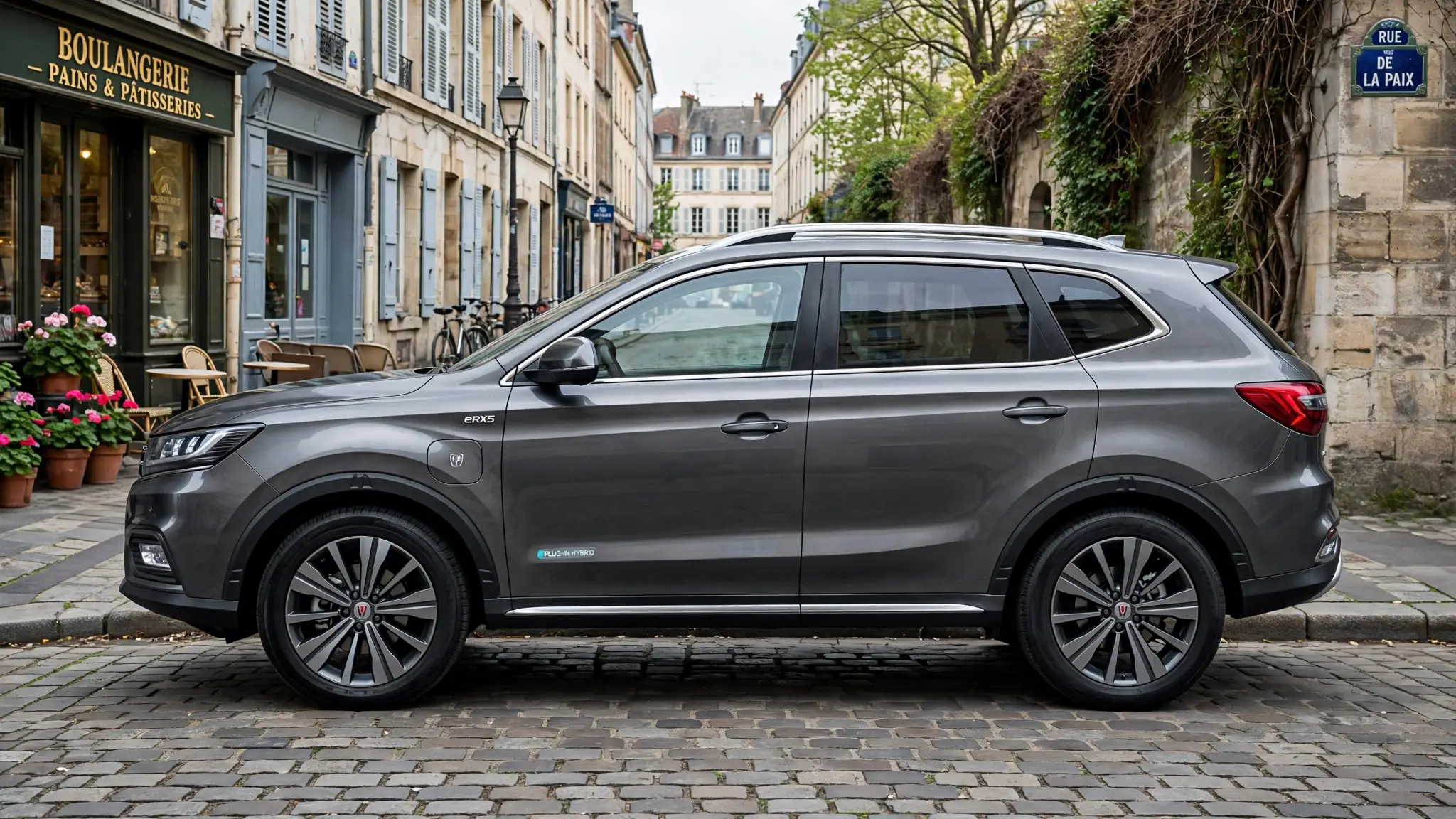 Roewe eRX5, vista lateral en ciudad