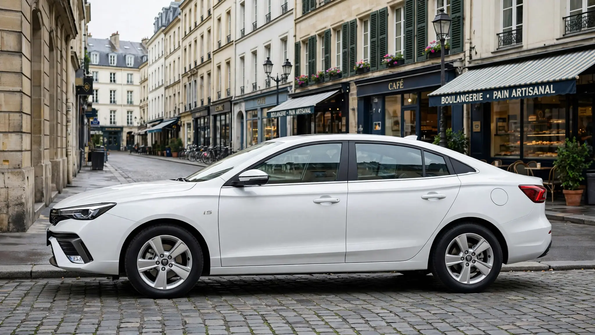 Roewe i5, vista lateral en calle urbana