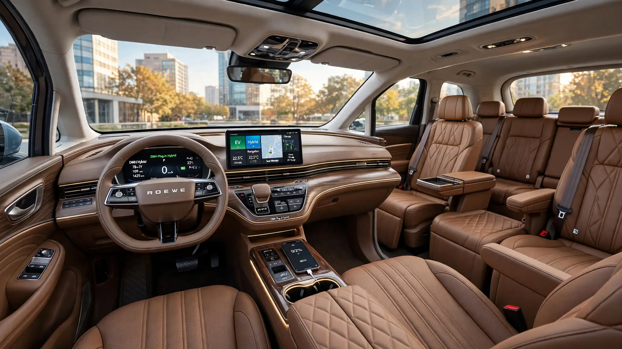 Interior del Roewe iMAX8 DMH con 7 plazas