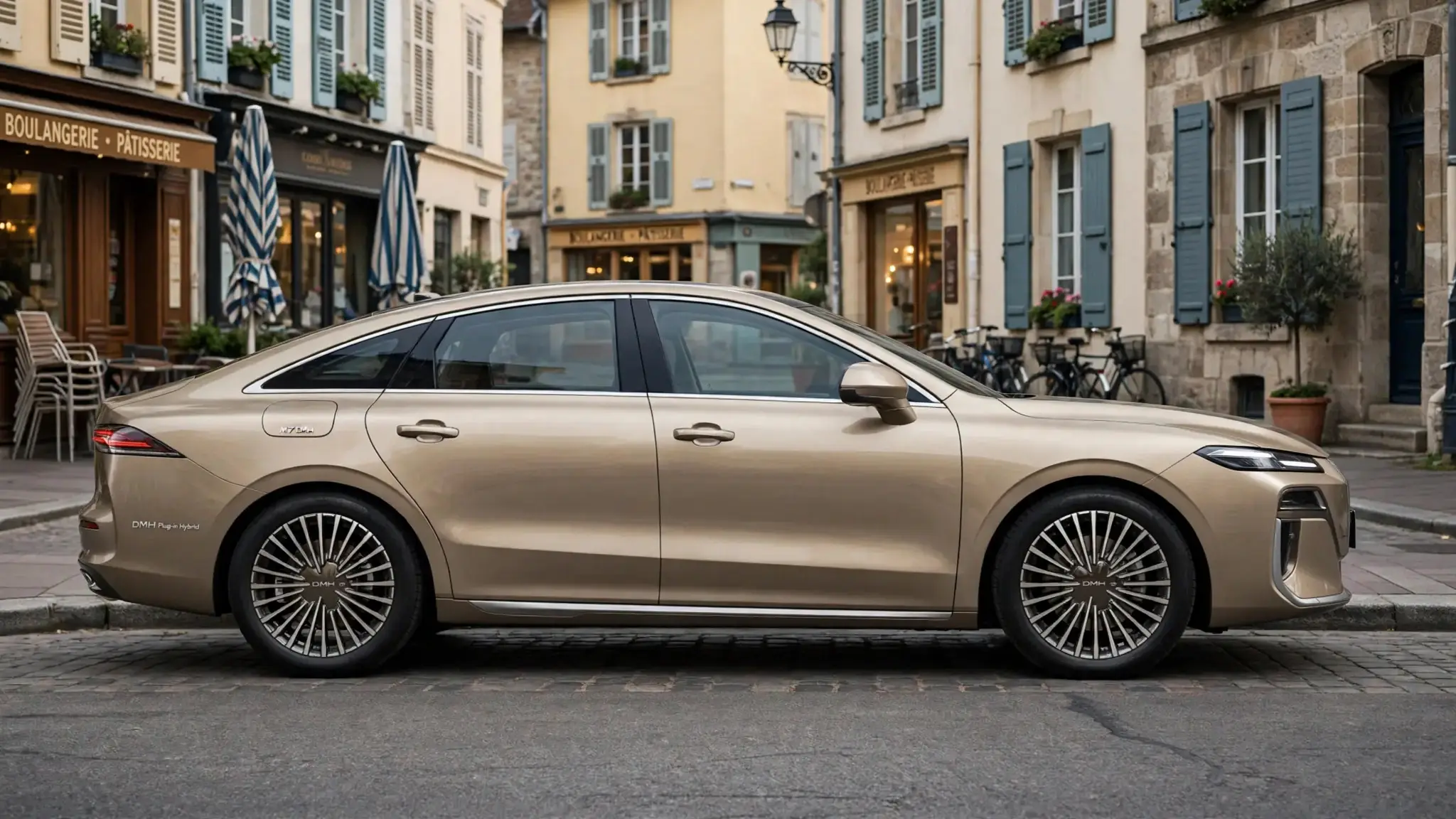 Roewe M7 DMH, vista lateral en avenida urbana