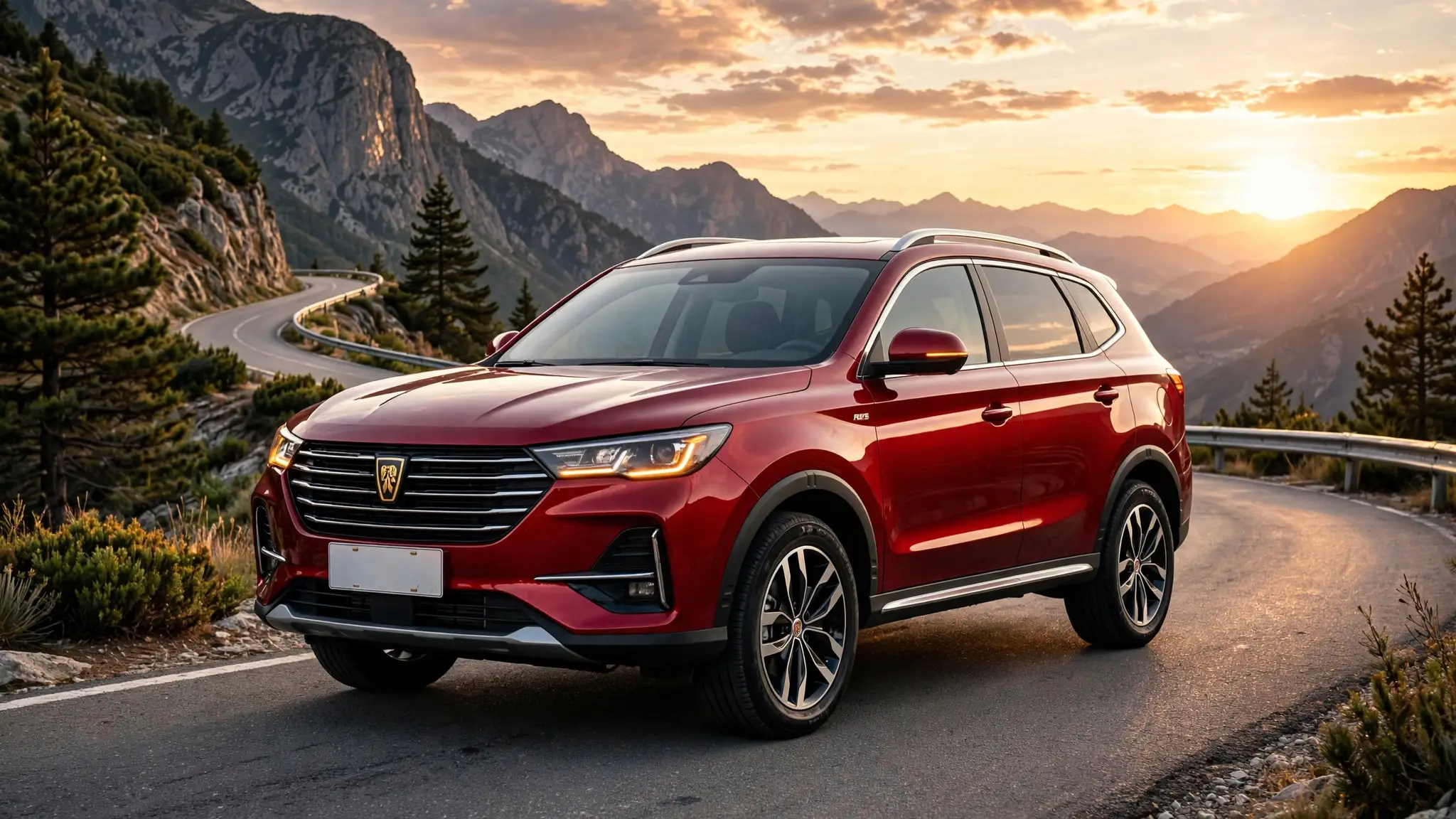 Roewe RX5, tres cuartos delantero en carretera de montaña