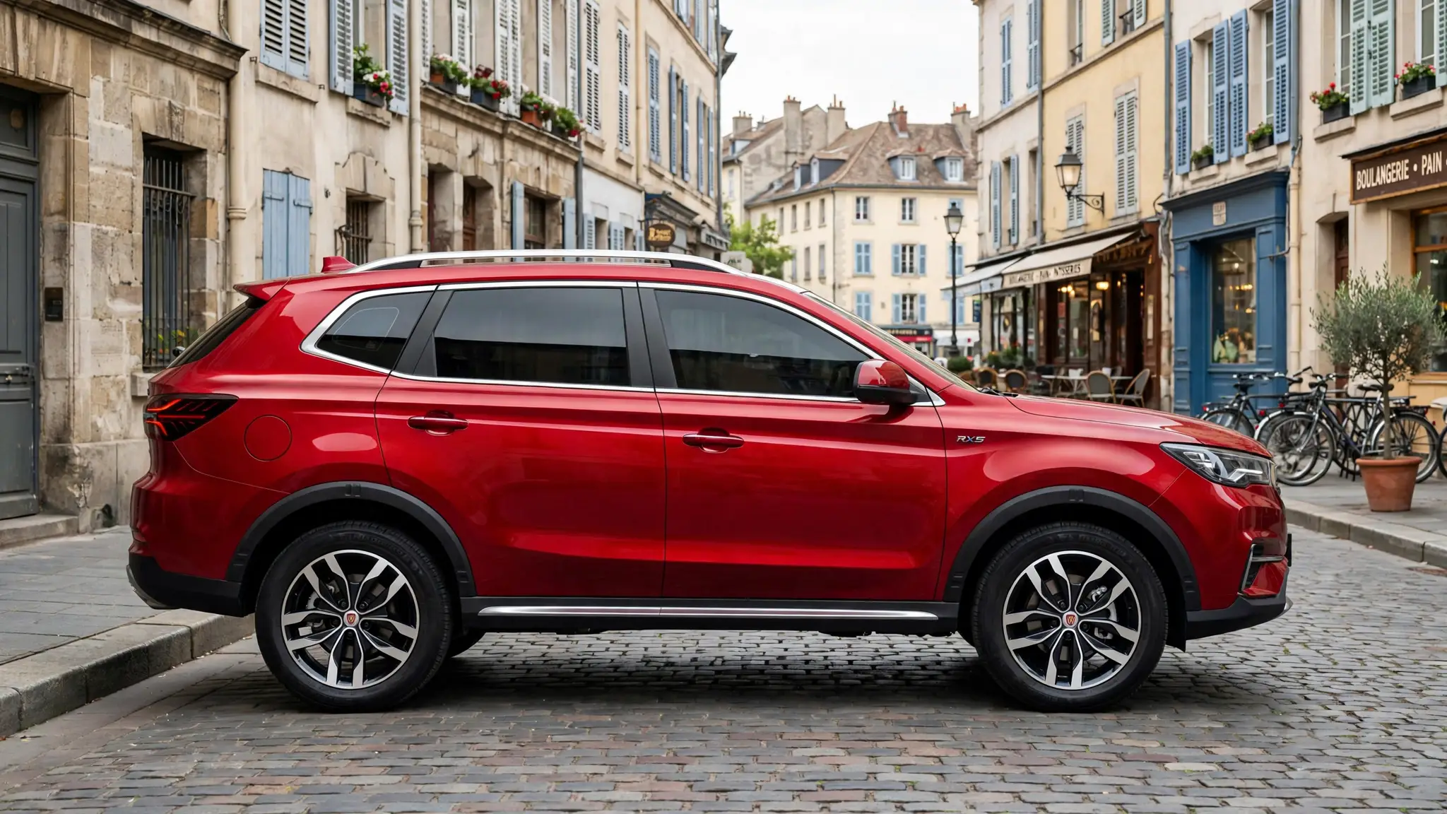 Roewe RX5, vista lateral en calle urbana