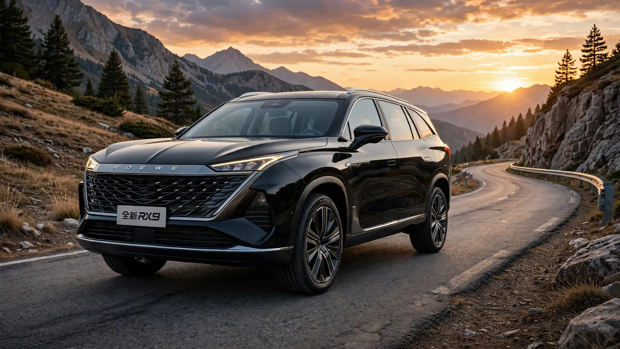 Roewe RX9, tres cuartos delantero en carretera de montaña