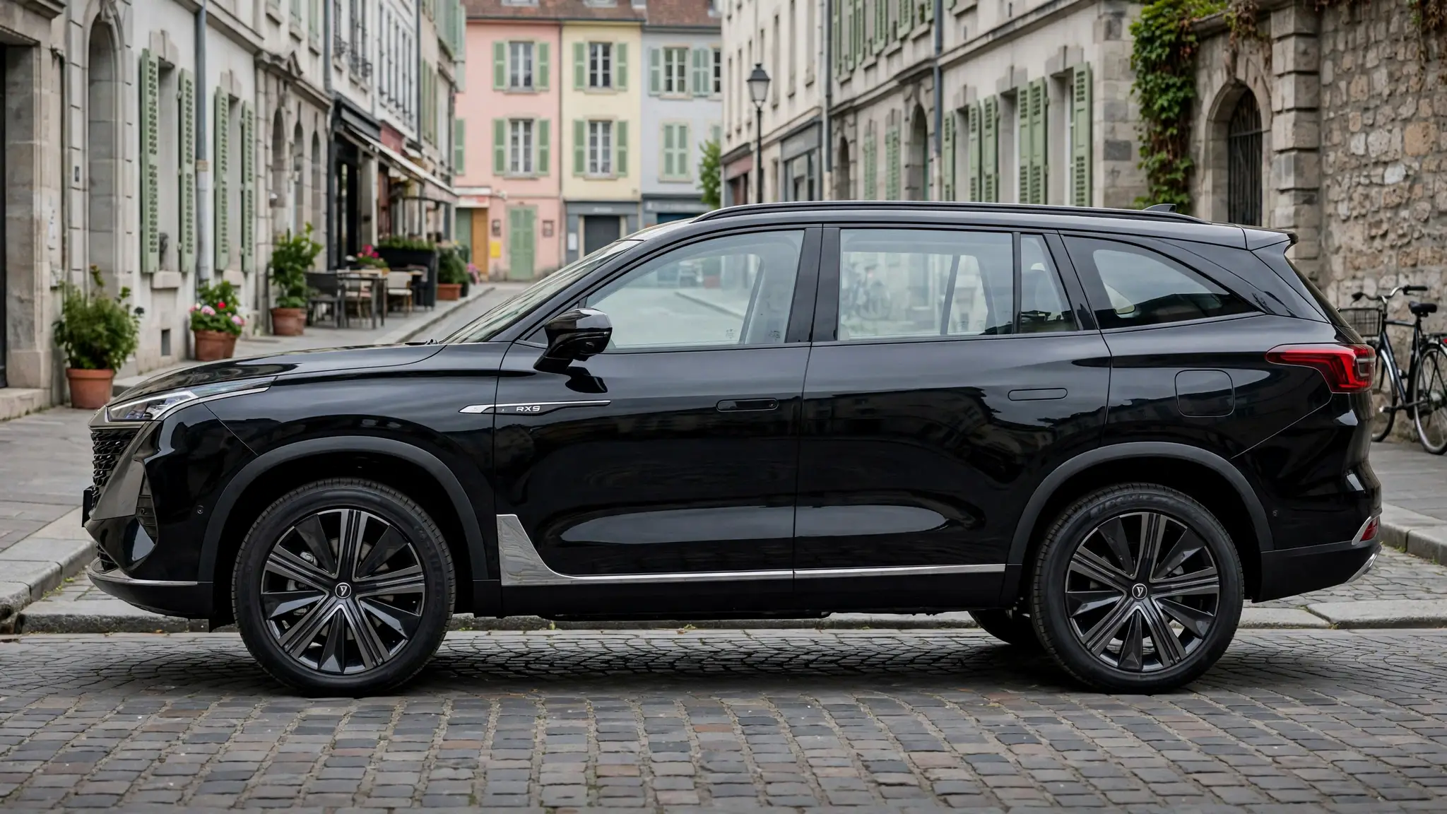 Roewe RX9, vista lateral en avenida urbana