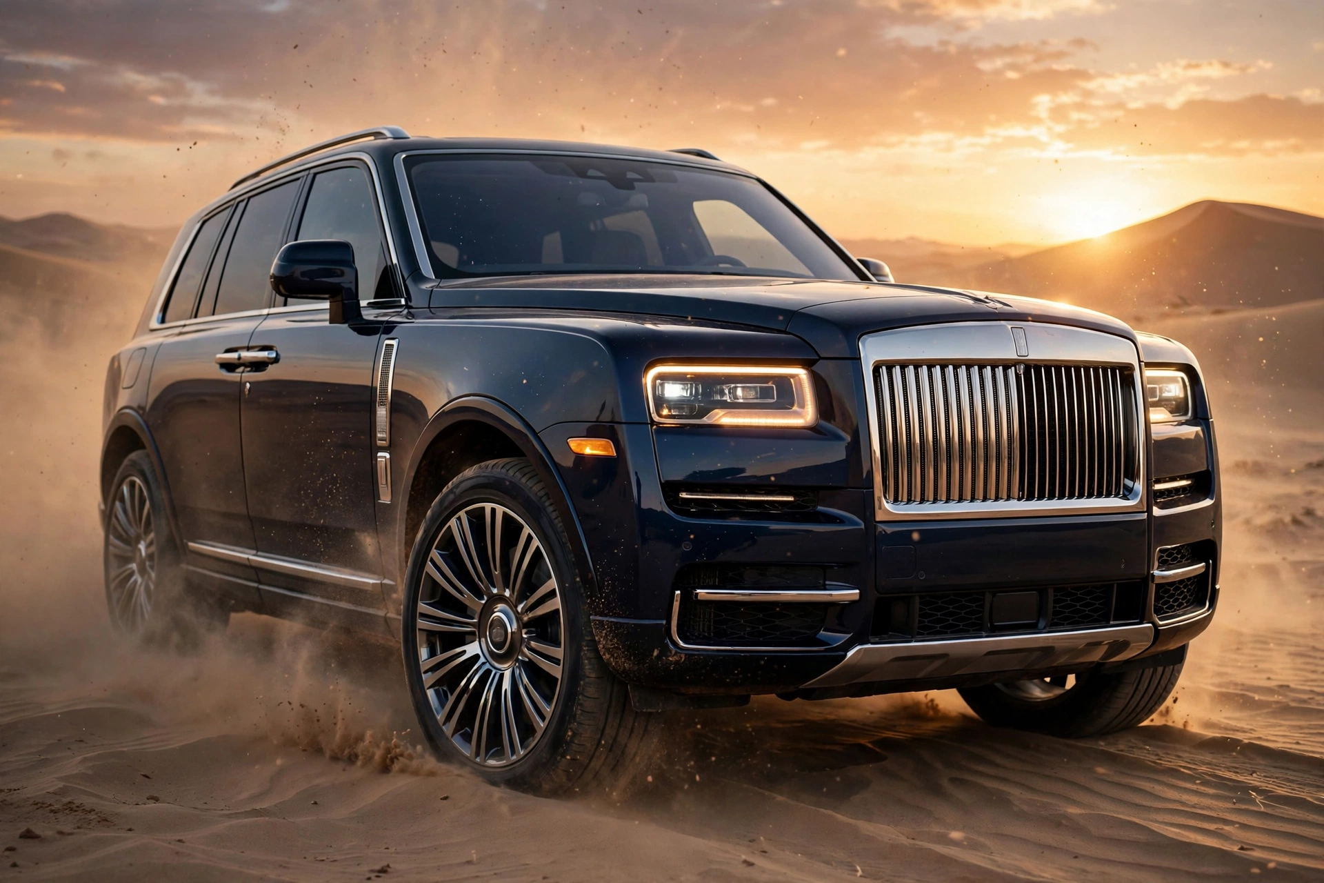 Rolls-Royce Cullinan negro circulando por el desierto al atardecer