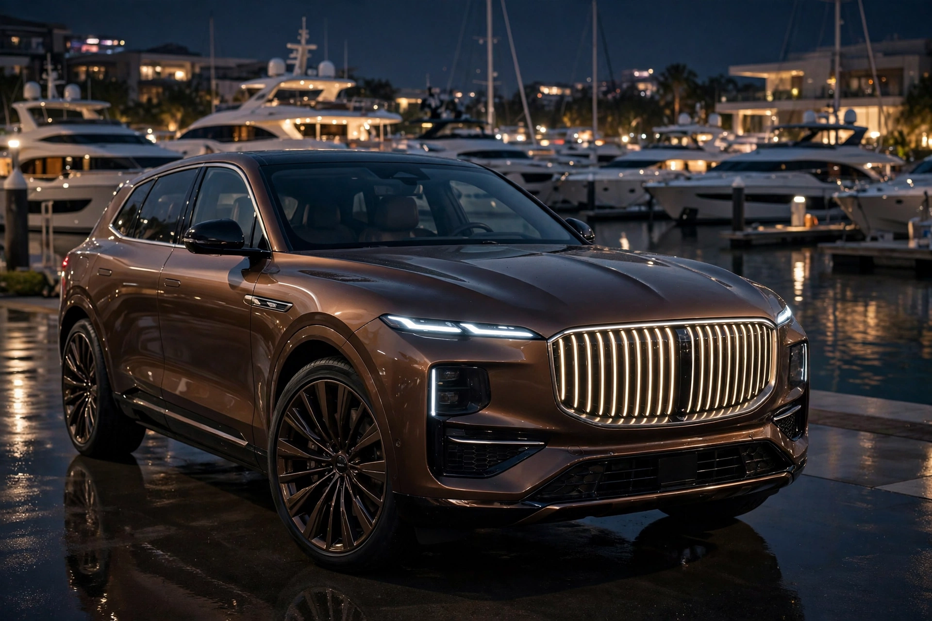 Rolls-Royce Cullinan Series II blanco en un puerto deportivo al atardecer