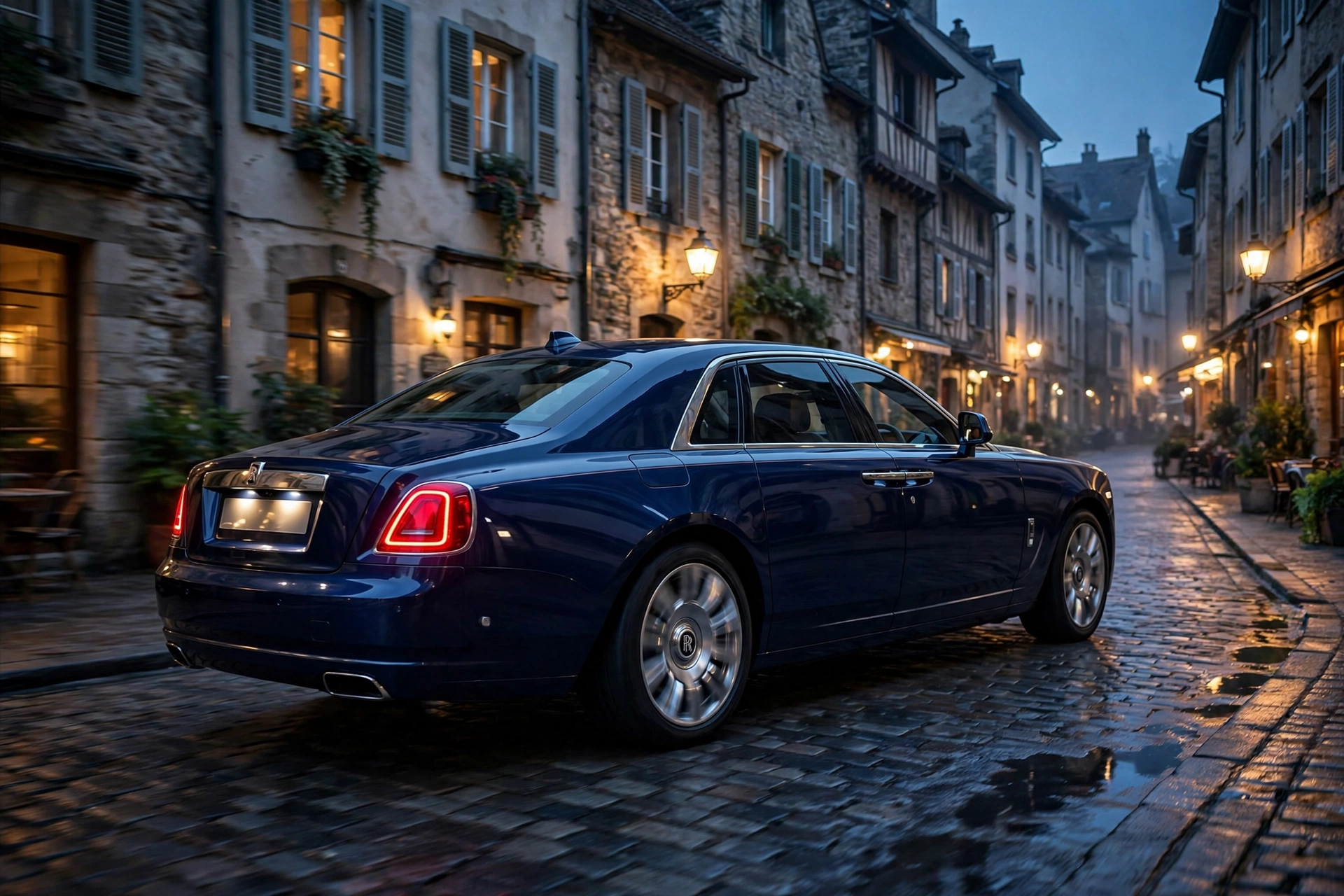Rolls-Royce Ghost Extended azul marino circulando de noche por un casco histórico