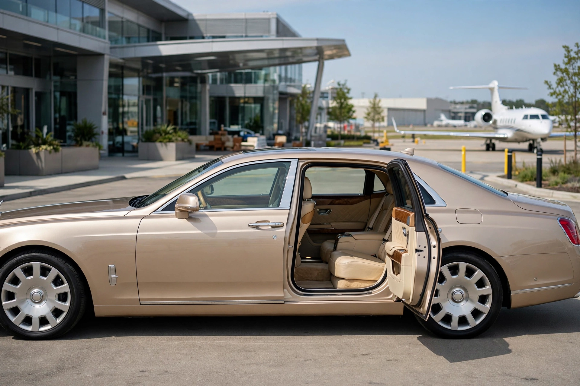 Rolls-Royce Ghost Extended champán con las puertas abiertas en un aeropuerto privado