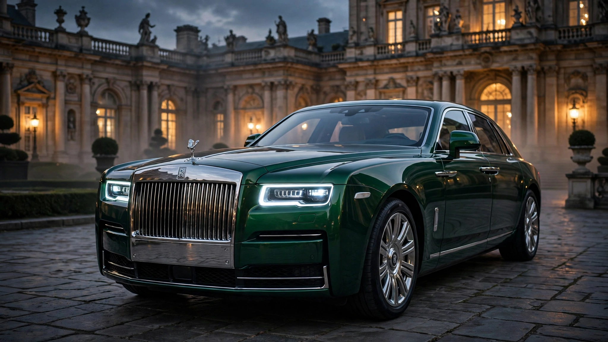 Rolls-Royce Phantom verde esmeralda aparcado de noche ante un palacio europeo
