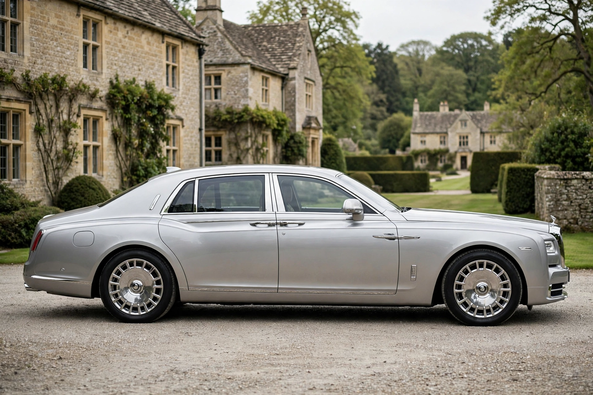 Rolls-Royce Phantom plateado, vista lateral en una finca inglesa