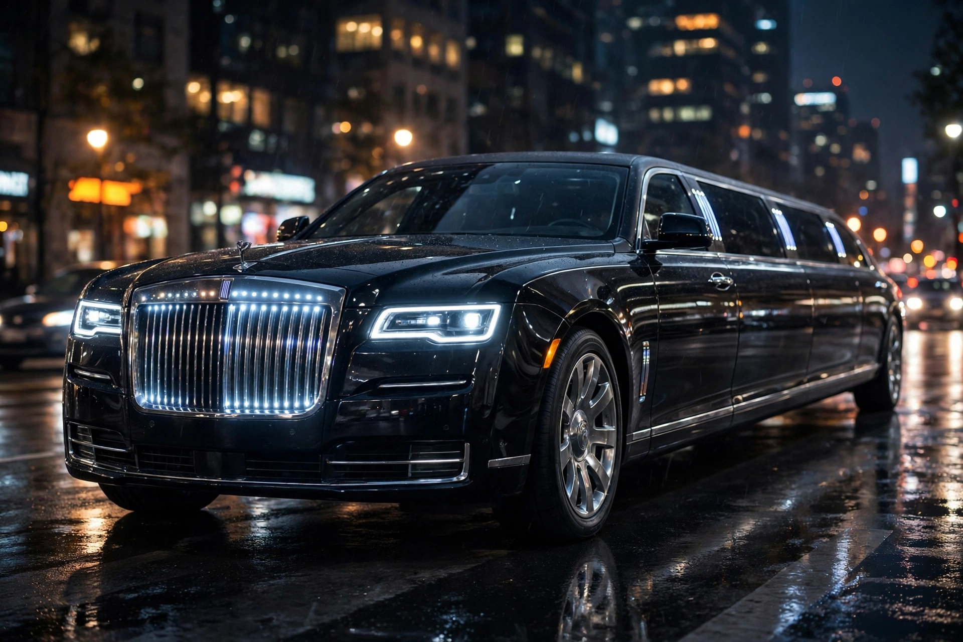 Rolls-Royce Phantom Extended negro de noche en una avenida urbana