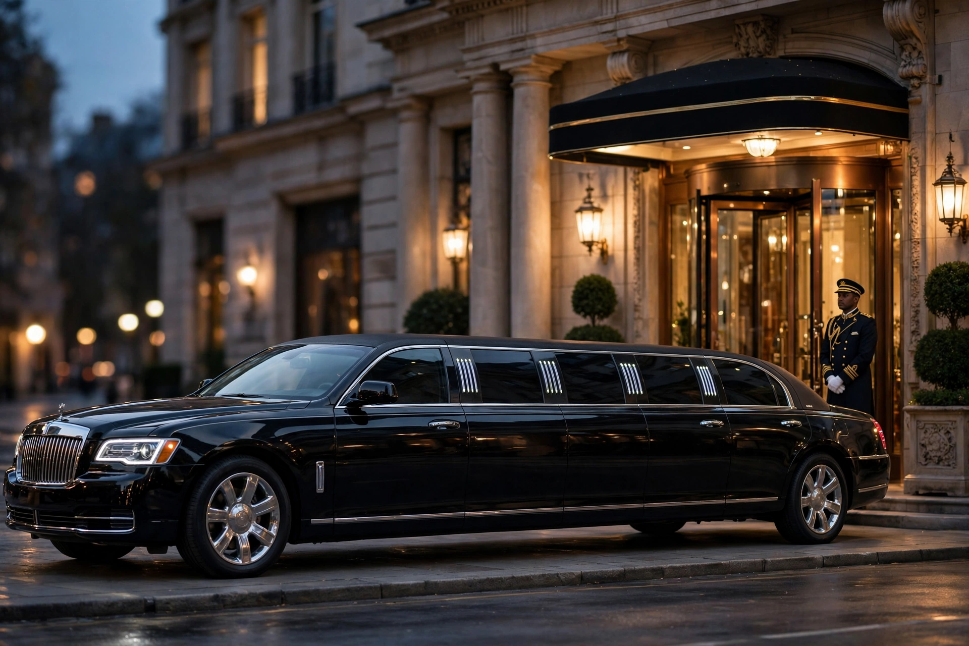 Rolls-Royce Phantom Extended negro, vista lateral ante un hotel de lujo