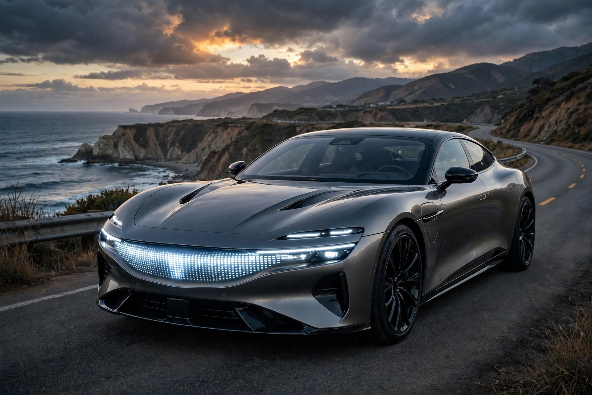 Rolls-Royce Spectre plateado, coupé eléctrico de lujo, al atardecer en la costa