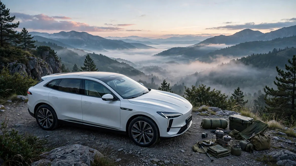 SUV premium chino de color blanco con techo panorámico aparcado en un mirador de montaña al amanecer