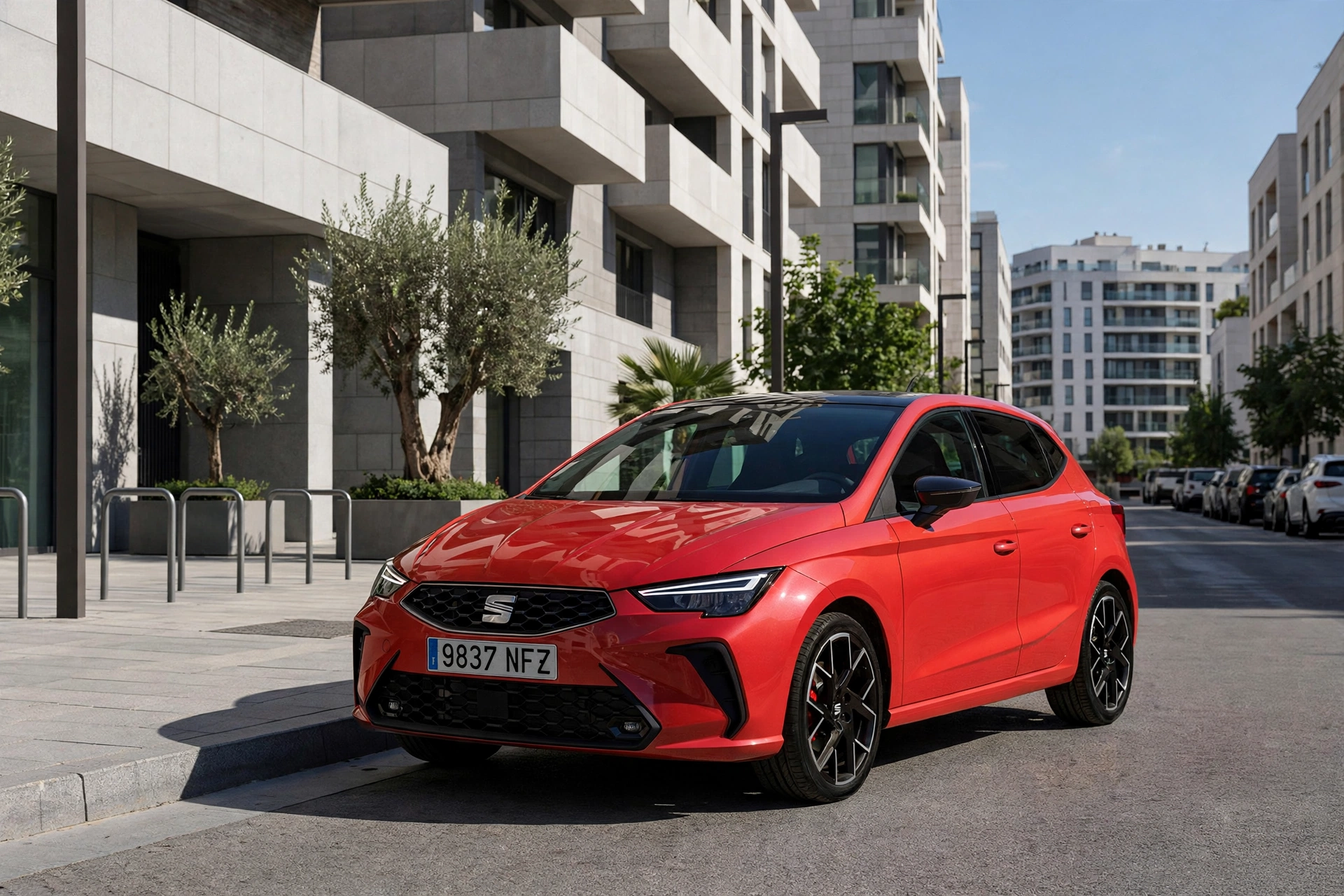 SEAT Ibiza 1.0 TSI rojo aparcado en una calle moderna de Madrid