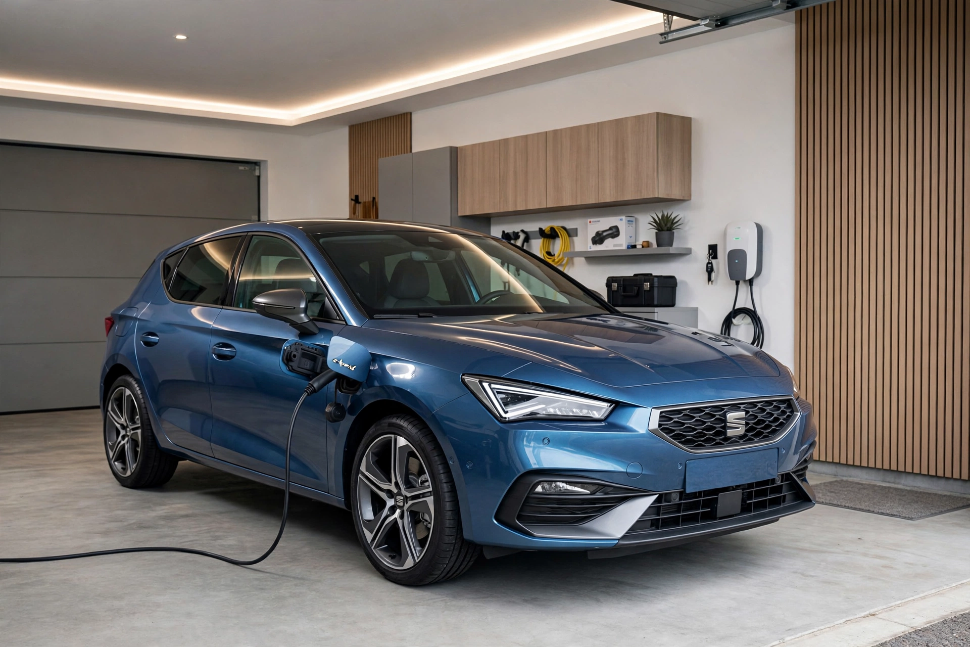 SEAT León e-HYBRID azul cargando en un garaje con wallbox doméstico
