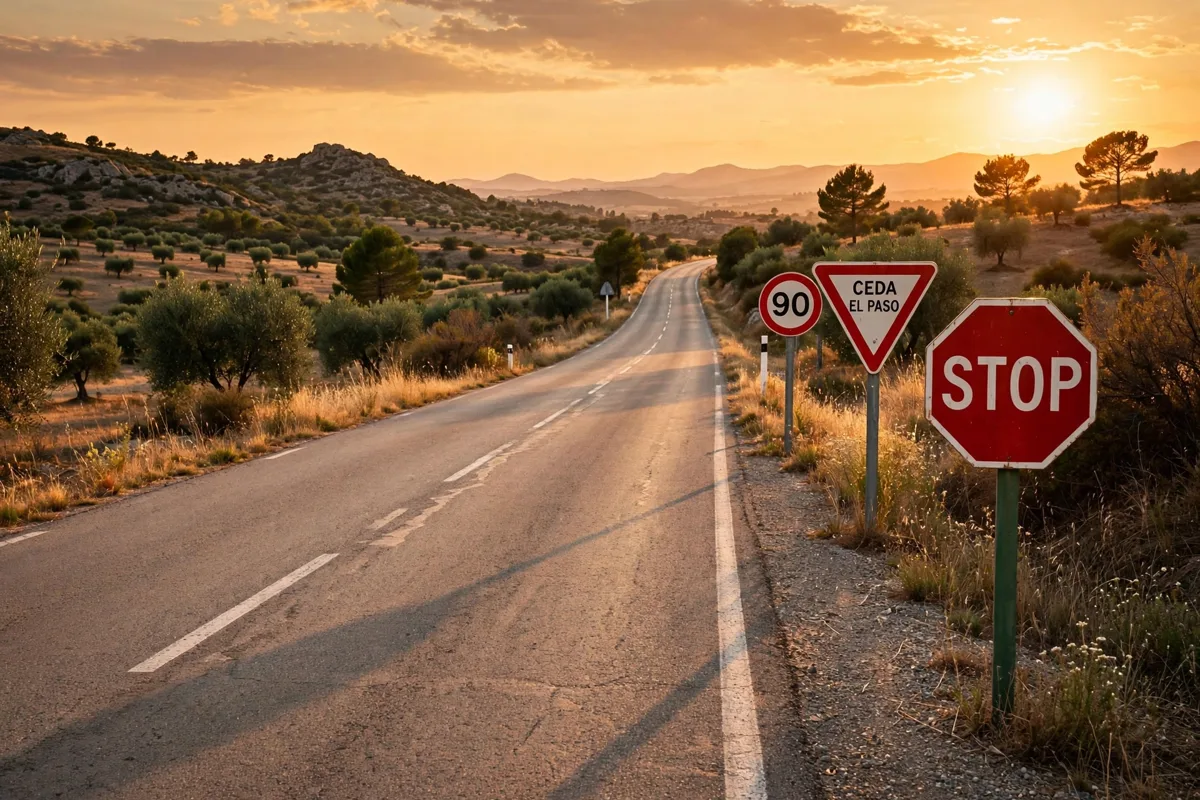 Carretera española al atardecer con señales de tráfico en el arcén: límite de velocidad, ceda el paso y stop