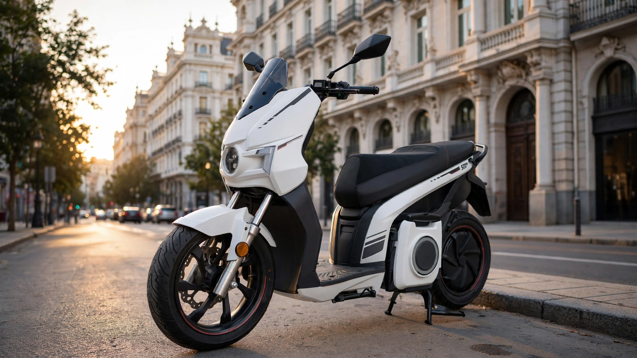 Scooter eléctrico Silence S01+ blanco aparcado en una calle de Madrid al atardecer