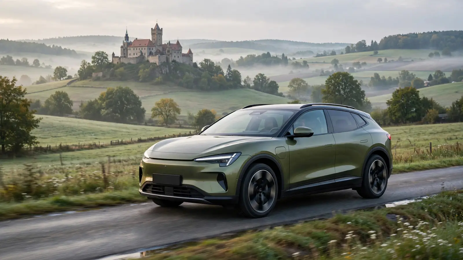 SUV eléctrico moderno verde oliva circulando por una carretera rural checa con colinas y un castillo al fondo